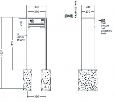 RENZ Briefkastenanlage freistehend, Tetro, Edelstahl V4A, Kastenformat 370x110x270mm, mit Klingel - & Lichttaster und Vorbereitung Gegensprechanlage, 1-teilig